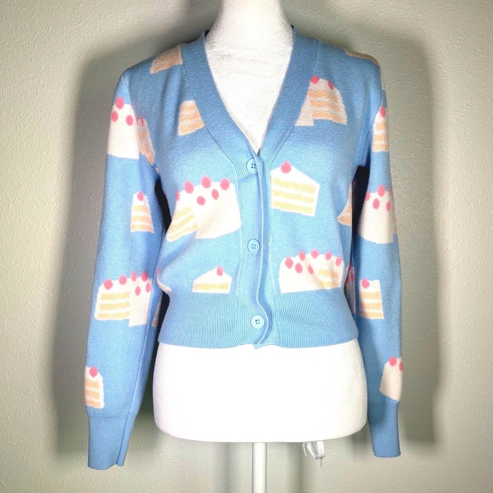 Luna Ivy Blue Pink Cake Slice Strawberry Cardigan Sweater Womens M Cottagecore